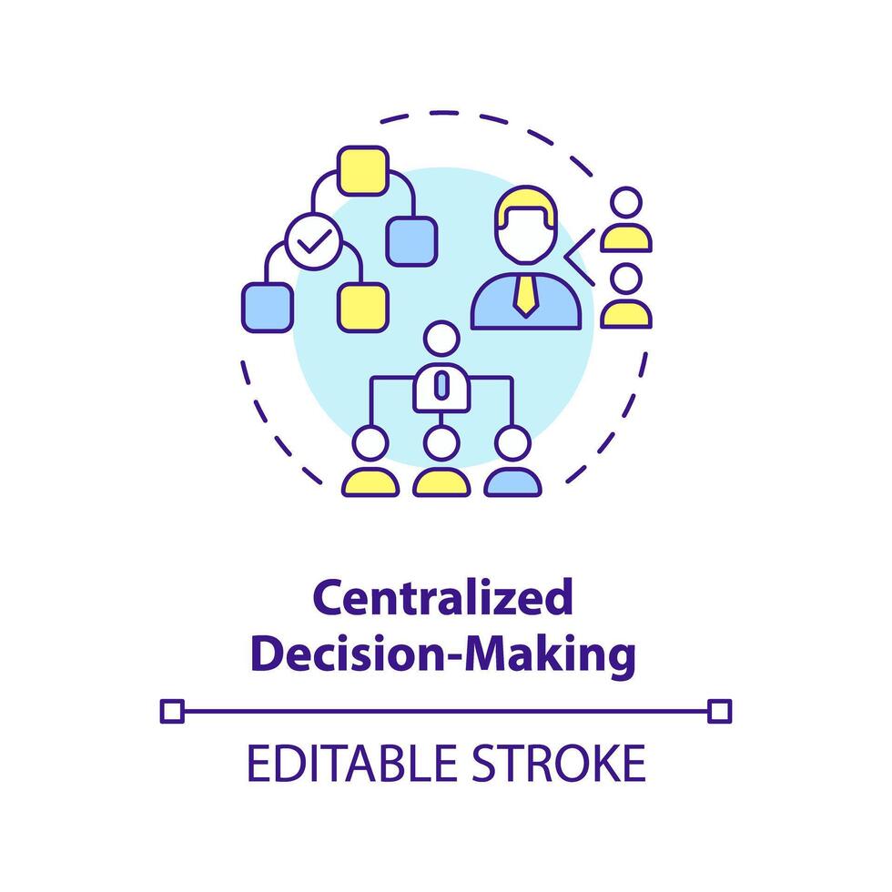 Centralized decision-making multi color concept icon. Senior leaders make decisions. Tasks distribution. Round shape line illustration. Abstract idea. Graphic design. Easy to use in marketing vector