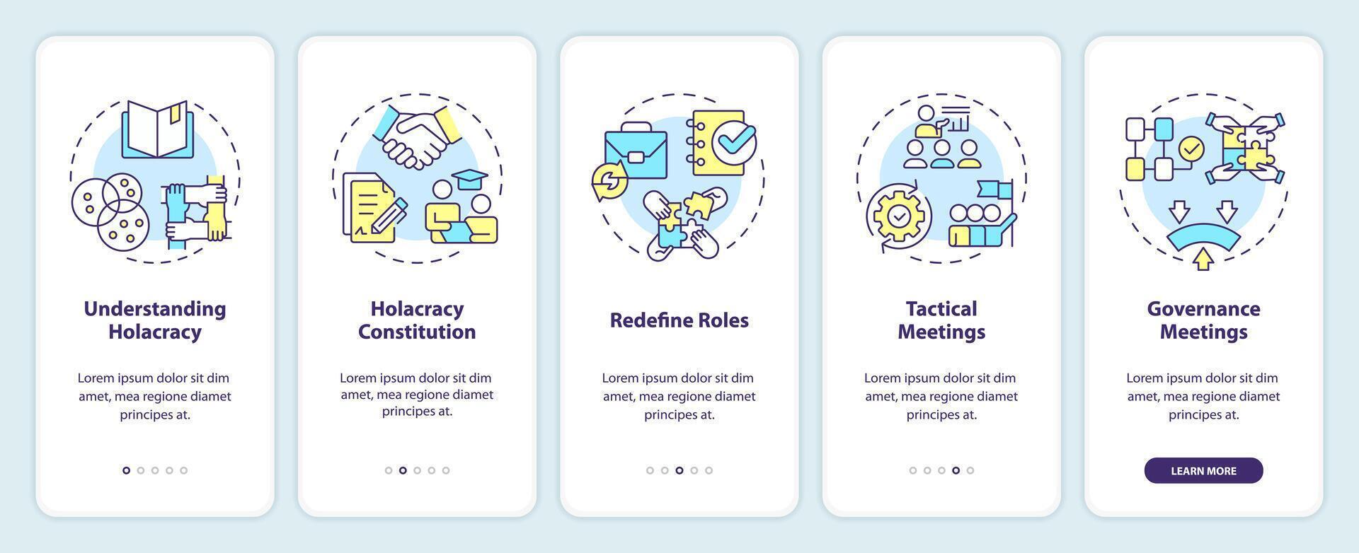 Strategy implementation steps onboarding mobile app screen. Holacracy walkthrough 5 steps editable graphic instructions with linear concepts. UI, UX, GUI template vector