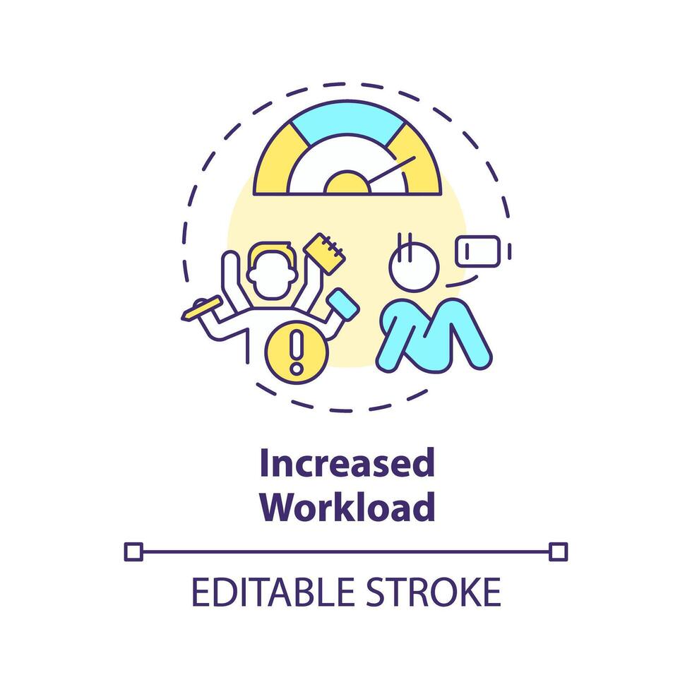 Increased workload multi color concept icon. High stress level due to work. Multitasking, burnout. Round shape line illustration. Abstract idea. Graphic design. Easy to use in promotional material vector