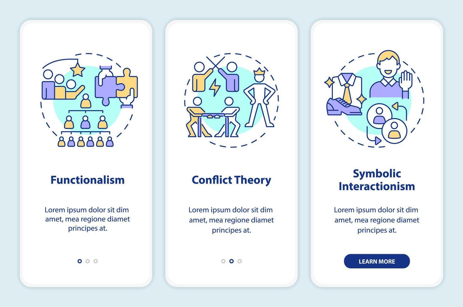 Theories of social stratification onboarding mobile app screen. Walkthrough 3 steps editable graphic instructions with linear concepts. UI, UX, GUI template vector