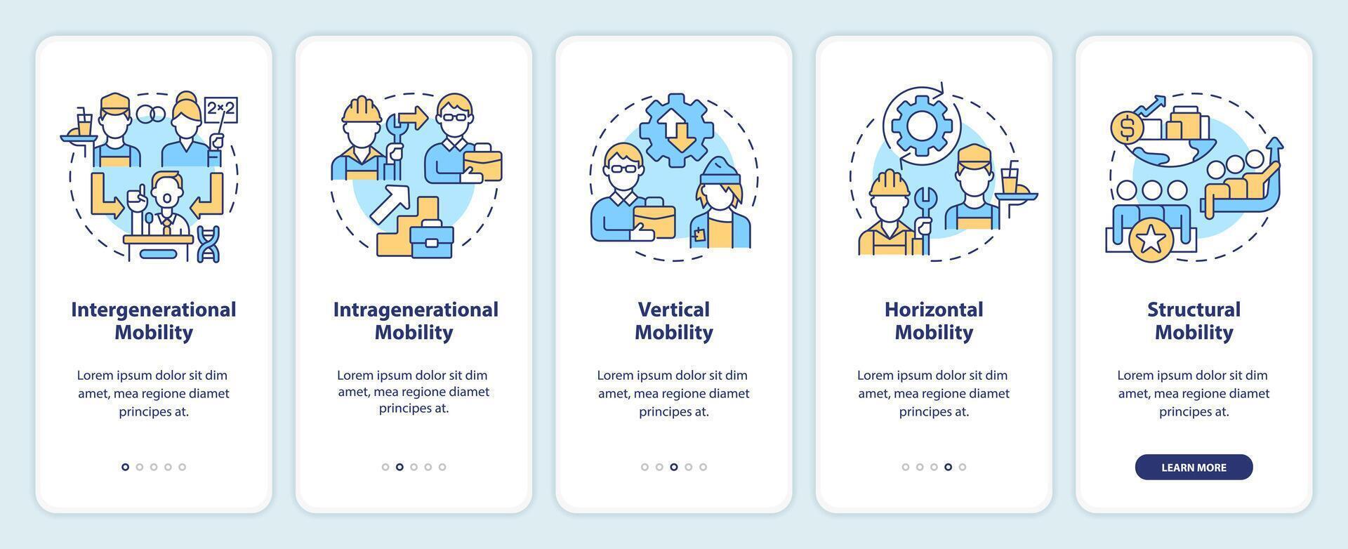 Patterns of social mobility onboarding mobile app screen. Walkthrough 5 steps editable graphic instructions with linear concepts. UI, UX, GUI template vector