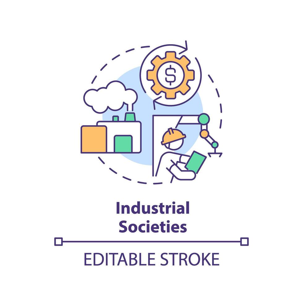Industrial societies multi color concept icon. Use of technology and machinery. Economic development. Round shape line illustration. Abstract idea. Graphic design. Easy to use in article vector