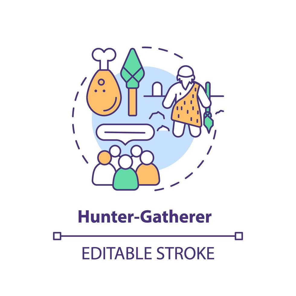 Hunter gatherer multi color concept icon. Type of society. Nomadic lifestyle. Social group. Tribal community. Round shape line illustration. Abstract idea. Graphic design. Easy to use in article vector