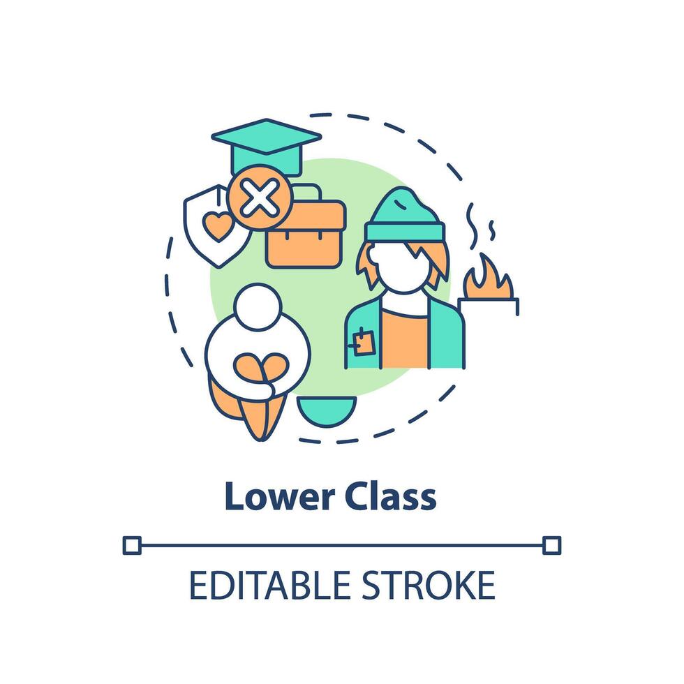 Lower class multi color concept icon. Social stratification. Unemployment. Class system. Economic disparity. Round shape line illustration. Abstract idea. Graphic design. Easy to use in article vector