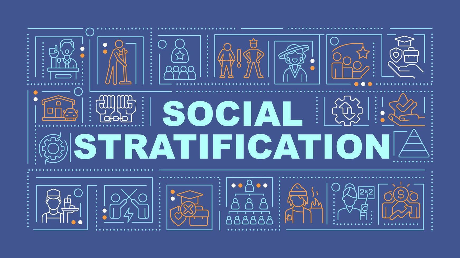 Social stratification dark blue word concept. Social status. Typography banner. Flat design. Vector illustration with title text, editable line icons. Ready to use