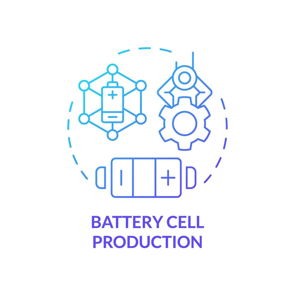 batería célula producción azul degradado concepto icono. litio industria. portátil electrónica fabricación. redondo forma línea ilustración. resumen idea. gráfico diseño. fácil a utilizar en folleto, folleto vector