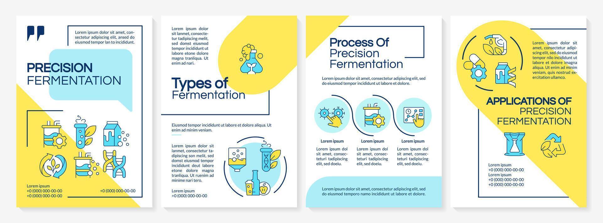 Precision fermentation technology blue and yellow brochure template. Leaflet design with linear icons. Editable 4 vector layouts for presentation, annual reports