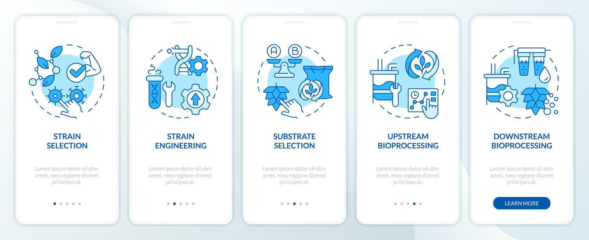 Precision fermentation steps blue onboarding mobile app screen. Walkthrough 5 steps editable graphic instructions with linear concepts. UI, UX, GUI template vector