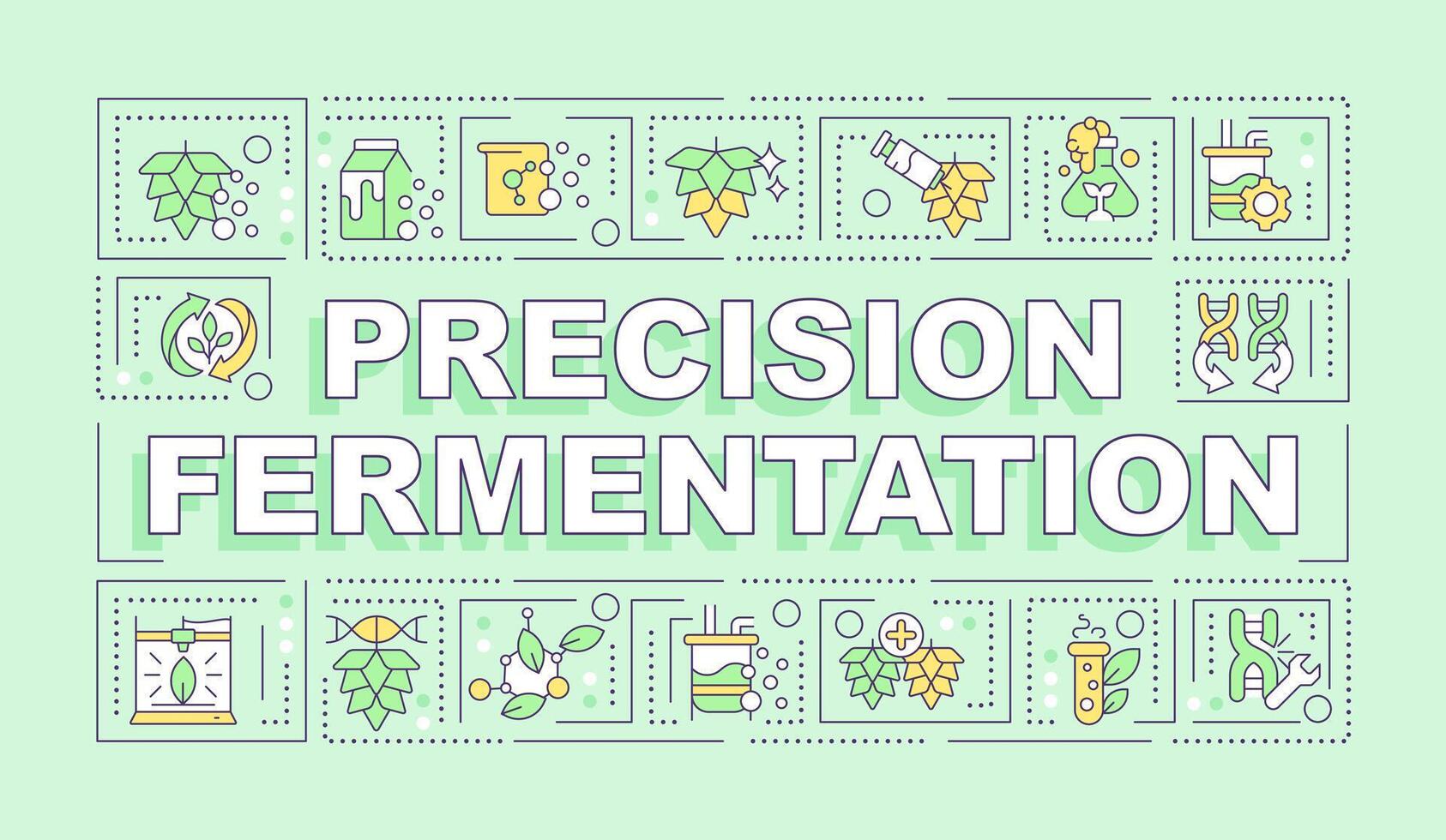 Precision fermentation green word concept. Genetic technology. Typography banner. Flat design. Vector illustration with title text, editable line icons. Ready to use