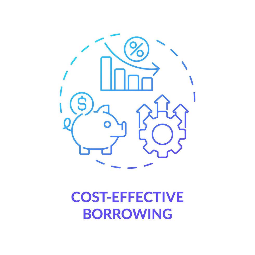 Cost-effective borrowing blue gradient concept icon. Lower interest rates for loan. Accumulation. Finance charge. Round shape line illustration. Abstract idea. Graphic design. Easy to use in marketing vector