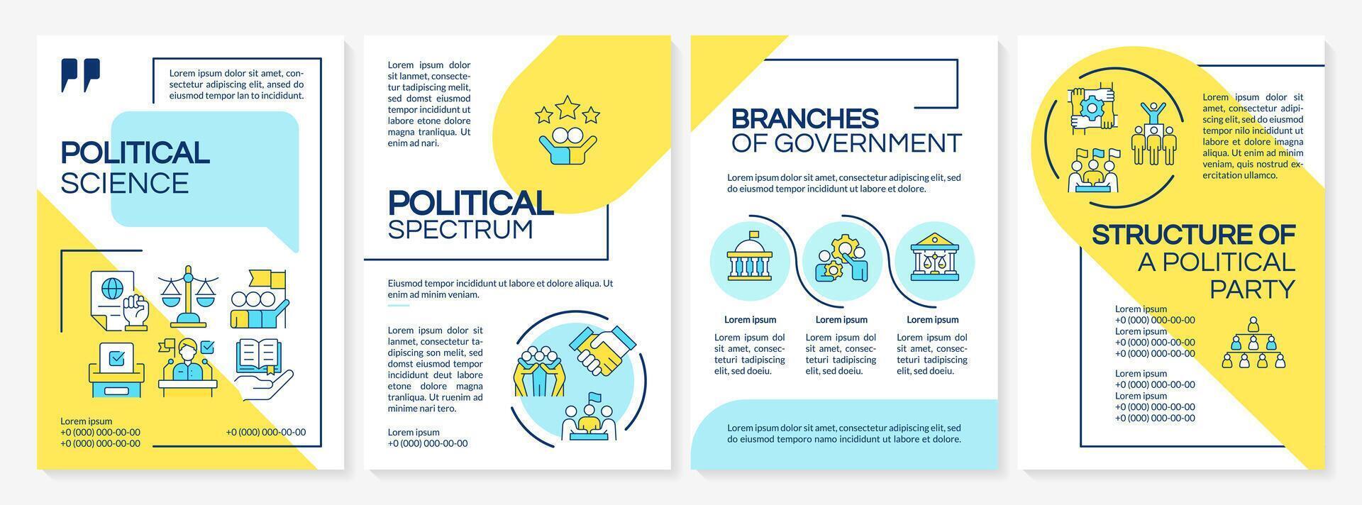 Political science blue and yellow brochure template. Leaflet design with linear icons. Editable 4 vector layouts for presentation, annual reports. Questrial-Regular, Myriad Pro-Regular fonts used