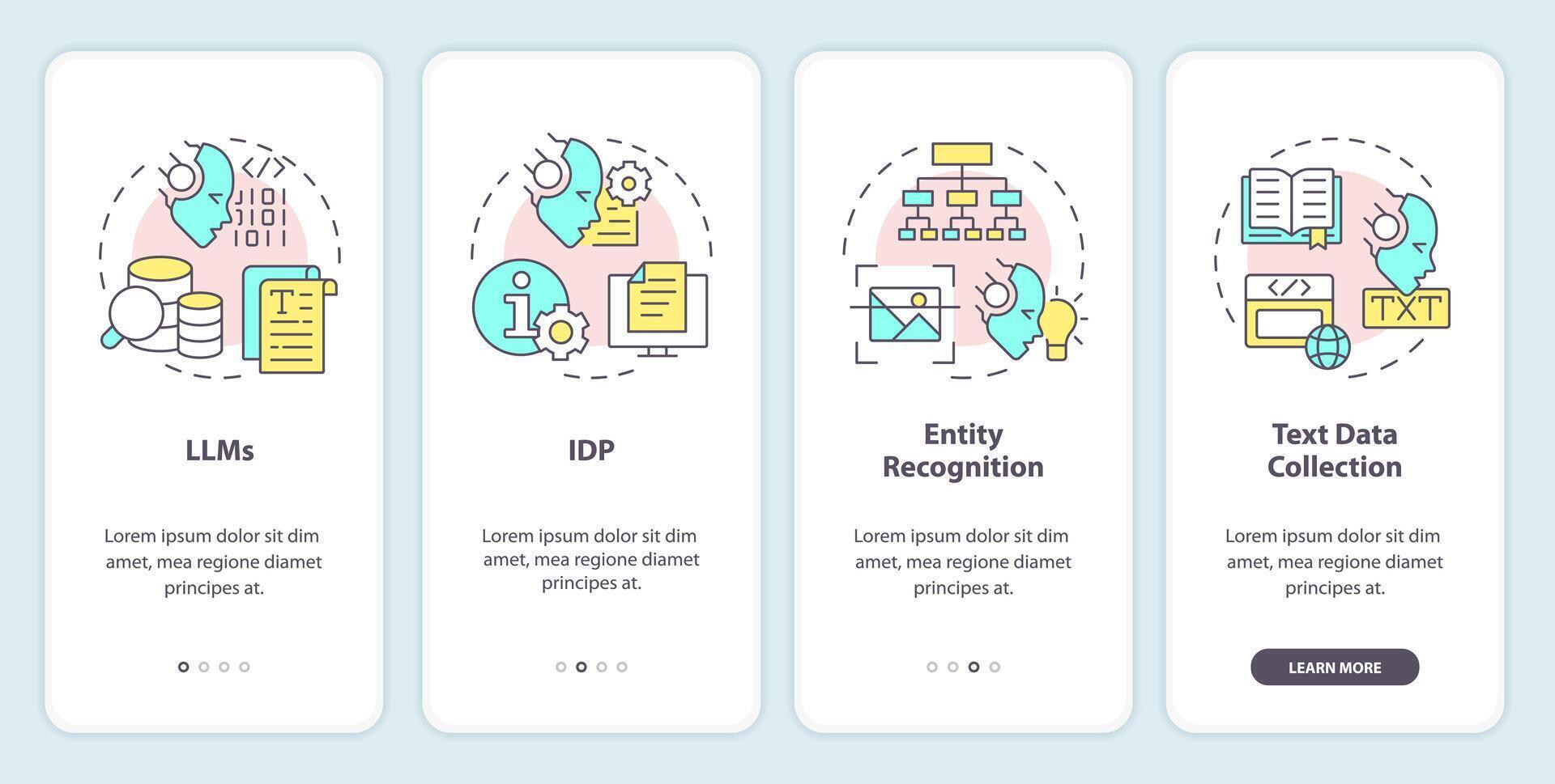 artificial texto Procesando inducción móvil aplicación pantalla. recorrido 4 4 pasos editable gráfico instrucciones con lineal conceptos. ui, ux, gui modelo vector