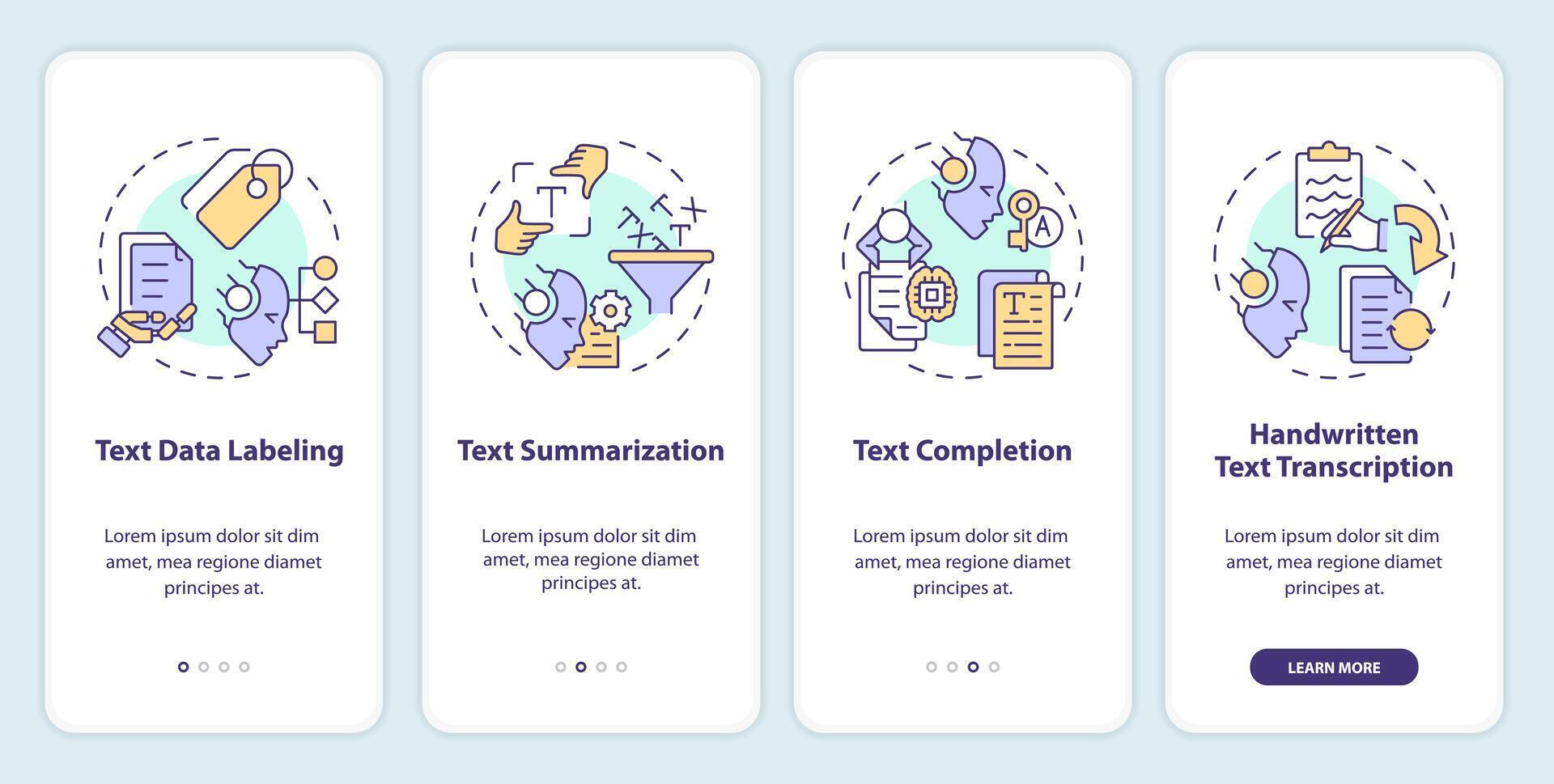 Document analysis onboarding mobile app screen. Text processing. Walkthrough 4 steps editable graphic instructions with linear concepts. UI, UX, GUI template vector