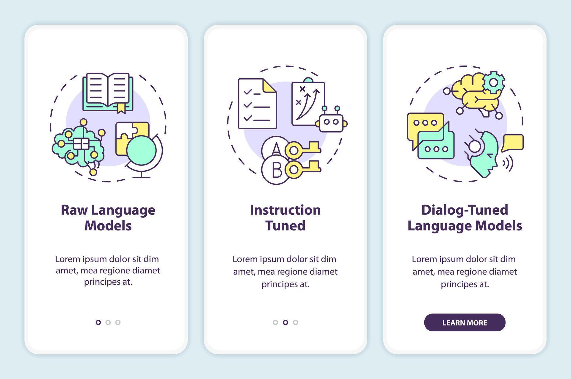 Large language models types onboarding mobile app screen. Walkthrough 3 ...