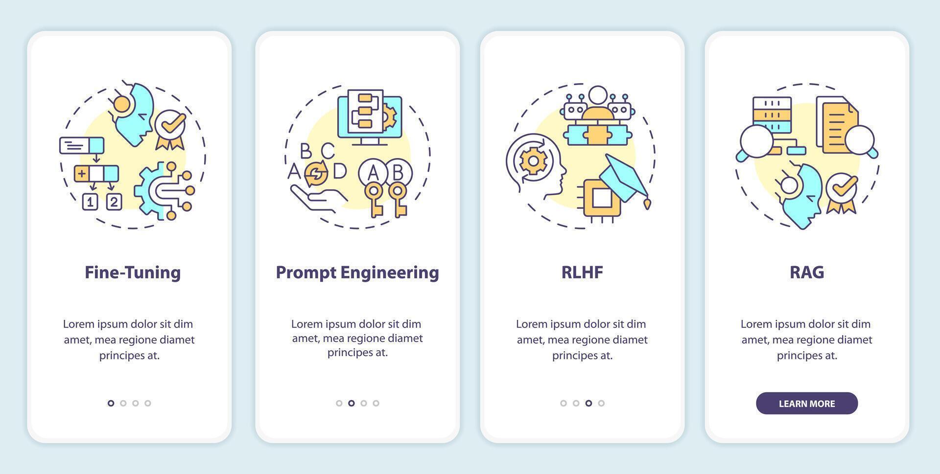 LLM tuning methods onboarding mobile app screen. Machine learning. Walkthrough 4 steps editable graphic instructions with linear concepts. UI, UX, GUI template vector