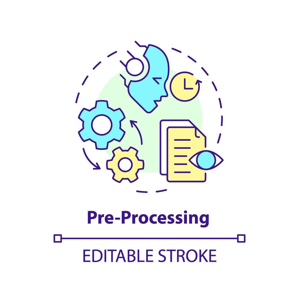 Pre-processing multi color concept icon. Virtual assistant, transformative tools. Data processing. Round shape line illustration. Abstract idea. Graphic design. Easy to use in infographic vector