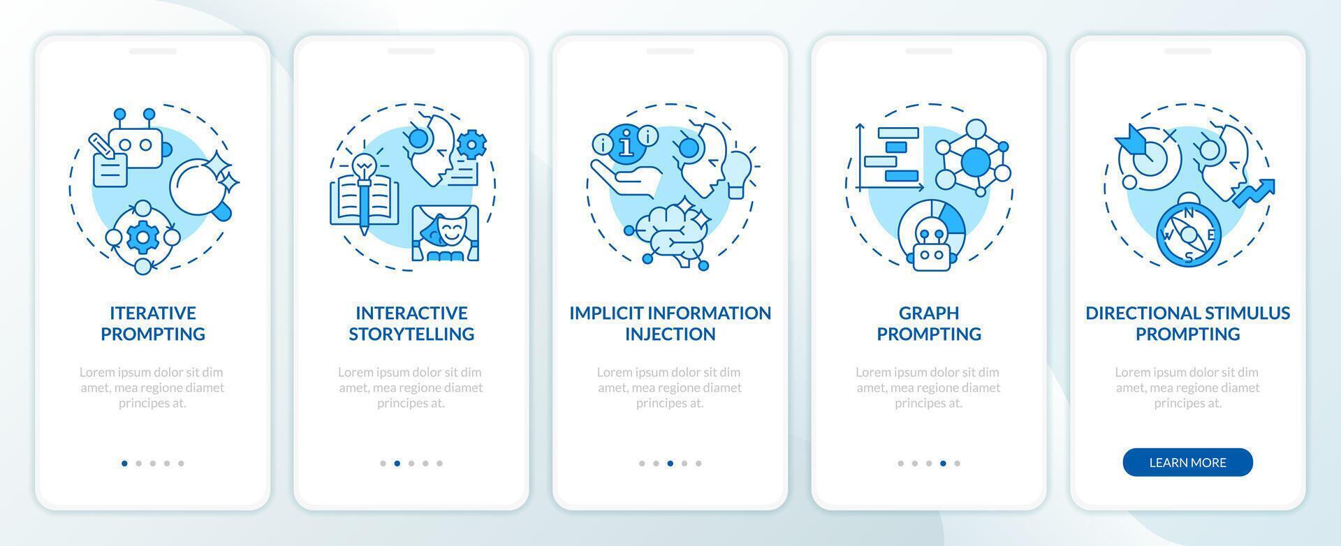 Prompt engineering strategies blue onboarding mobile app screen. Walkthrough 5 steps editable graphic instructions with linear concepts. UI, UX, GUI template vector