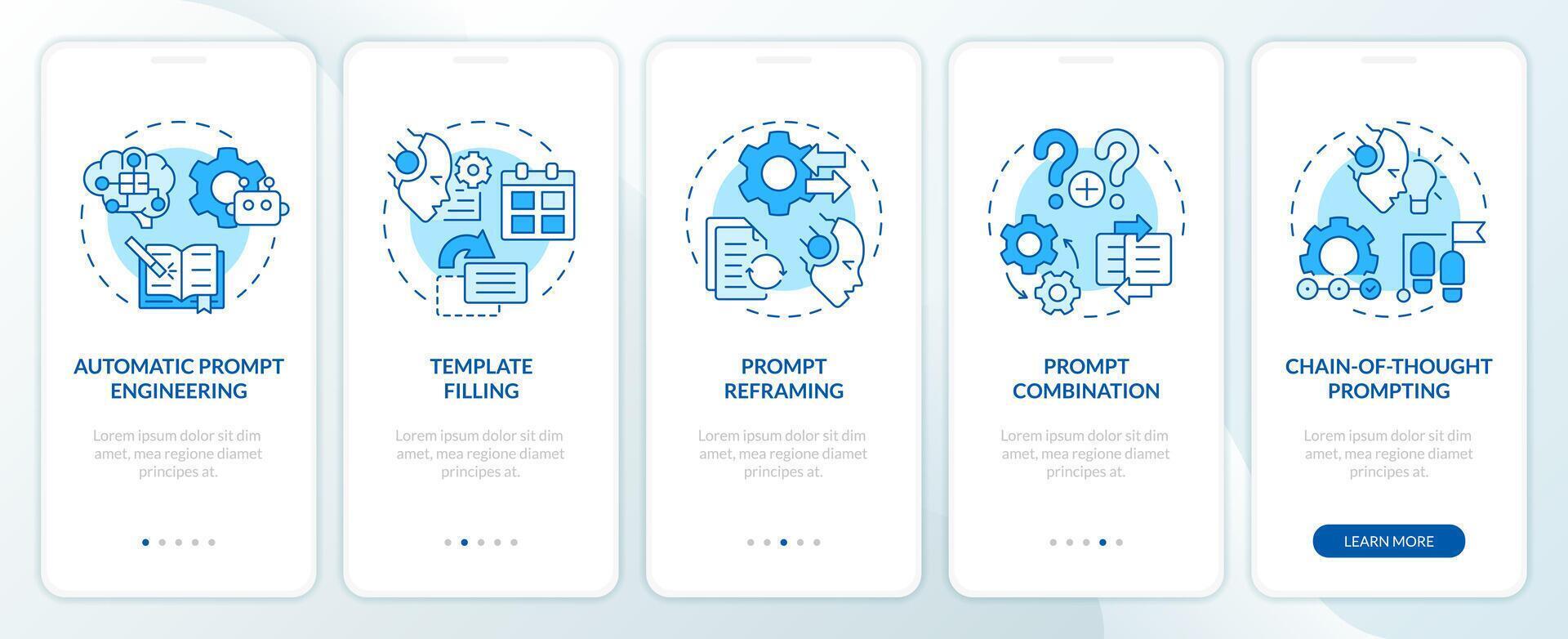 Prompt engineering techniques blue onboarding mobile app screen. Walkthrough 5 steps editable graphic instructions with linear concepts. UI, UX, GUI template vector