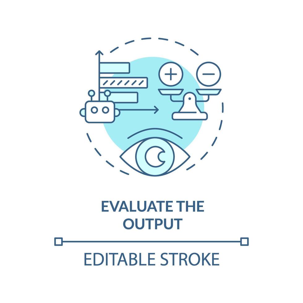 Evaluate output soft blue concept icon. Prompt engineering. Assess response of ai model. Effective instruction. Round shape line illustration. Abstract idea. Graphic design. Easy to use in article vector