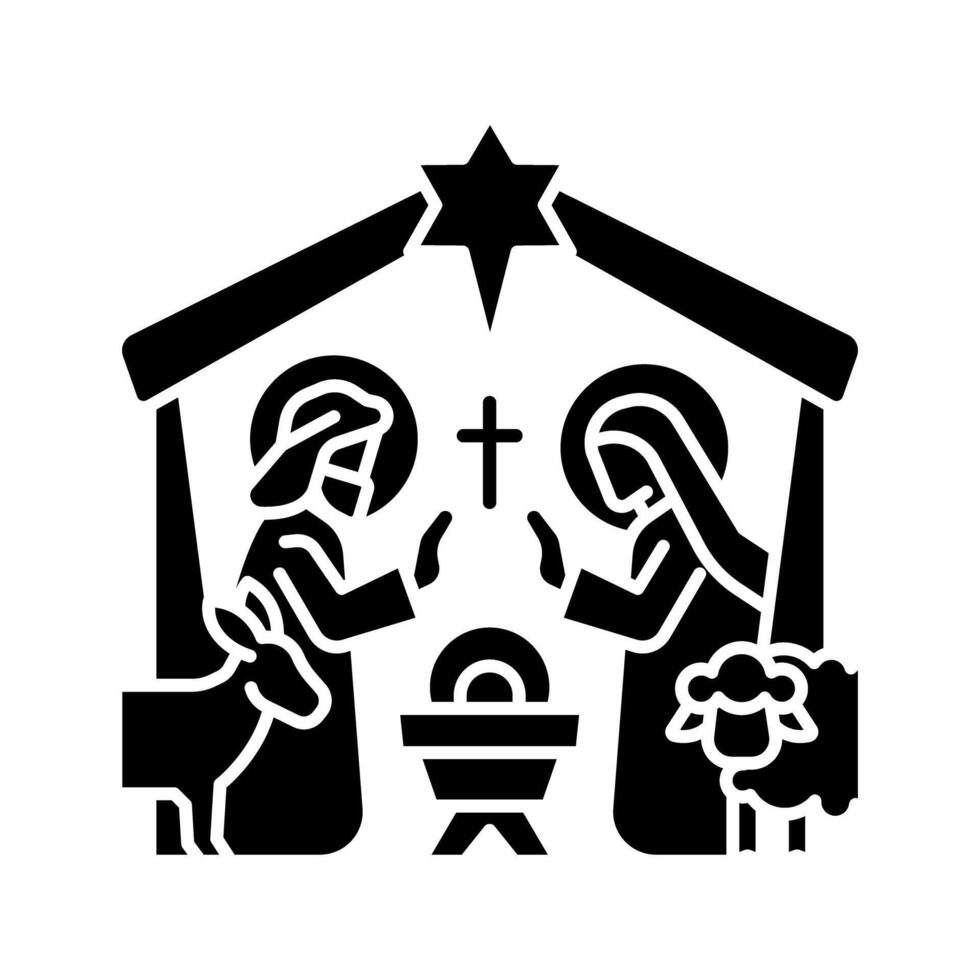 Nativity scene black glyph icon. Birth of Jesus Christ in Bethlehem. Biblical scene. Holy night. Mother Mary and Joseph. Silhouette symbol on white space. Solid pictogram. Vector isolated illustration