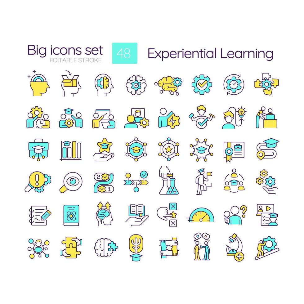 Experiential learning blue RGB color icons set. Practical education. Hands-on experiences and reflection. Isolated vector illustrations. Simple filled line drawings collection. Editable stroke