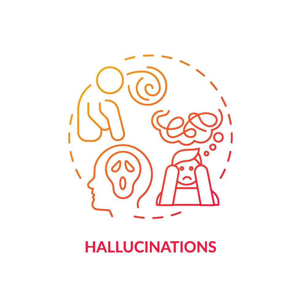 Hallucination, neurology illness red gradient concept icon. Perception disease. Round shape line illustration. Abstract idea. Graphic design. Easy to use in infographic, presentation, brochure vector