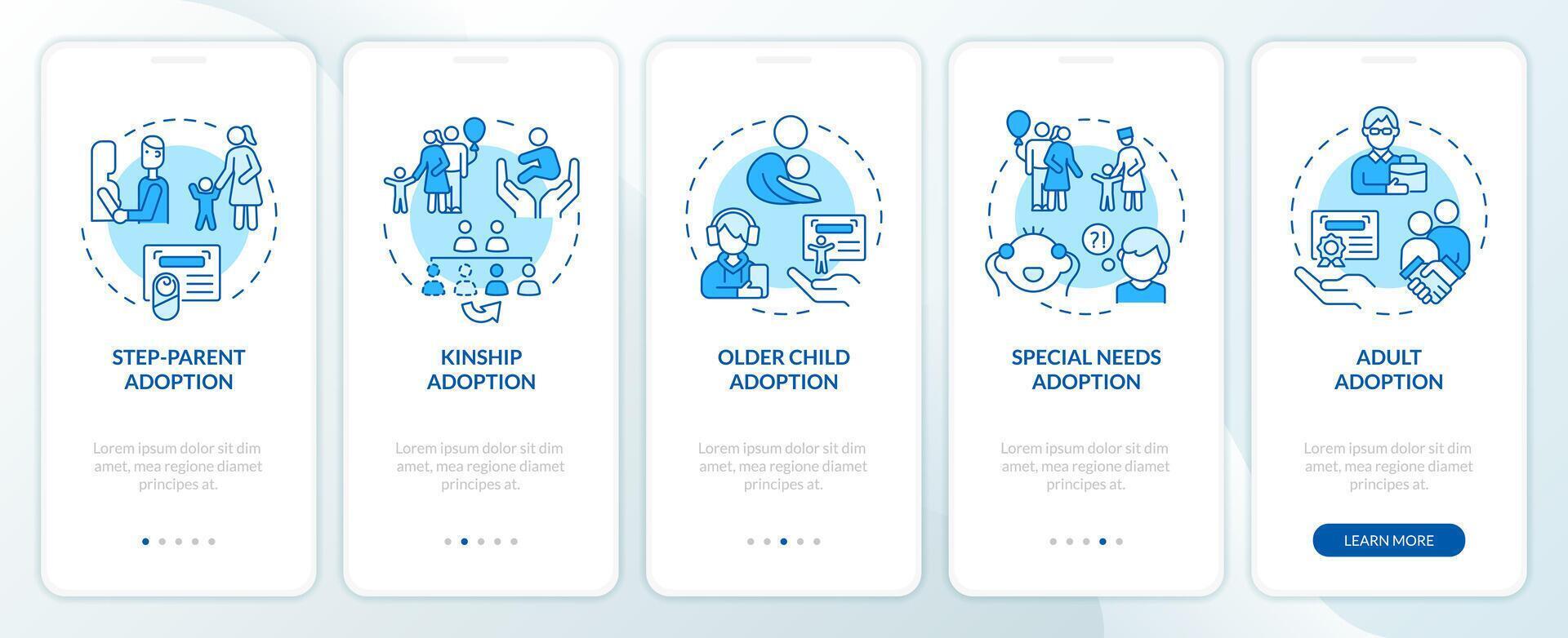 Adoption options blue onboarding mobile app screen. Child custody walkthrough 5 steps editable graphic instructions with linear concepts. UI, UX, GUI template vector
