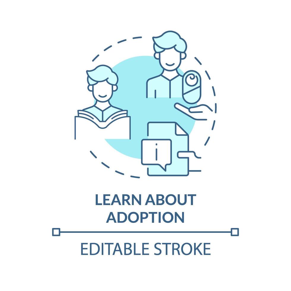 Learn about adoption soft blue concept icon. Adoption process. Preparation for parenting. Reading and studying information. Round shape line illustration. Abstract idea. Graphic design. Easy to use vector