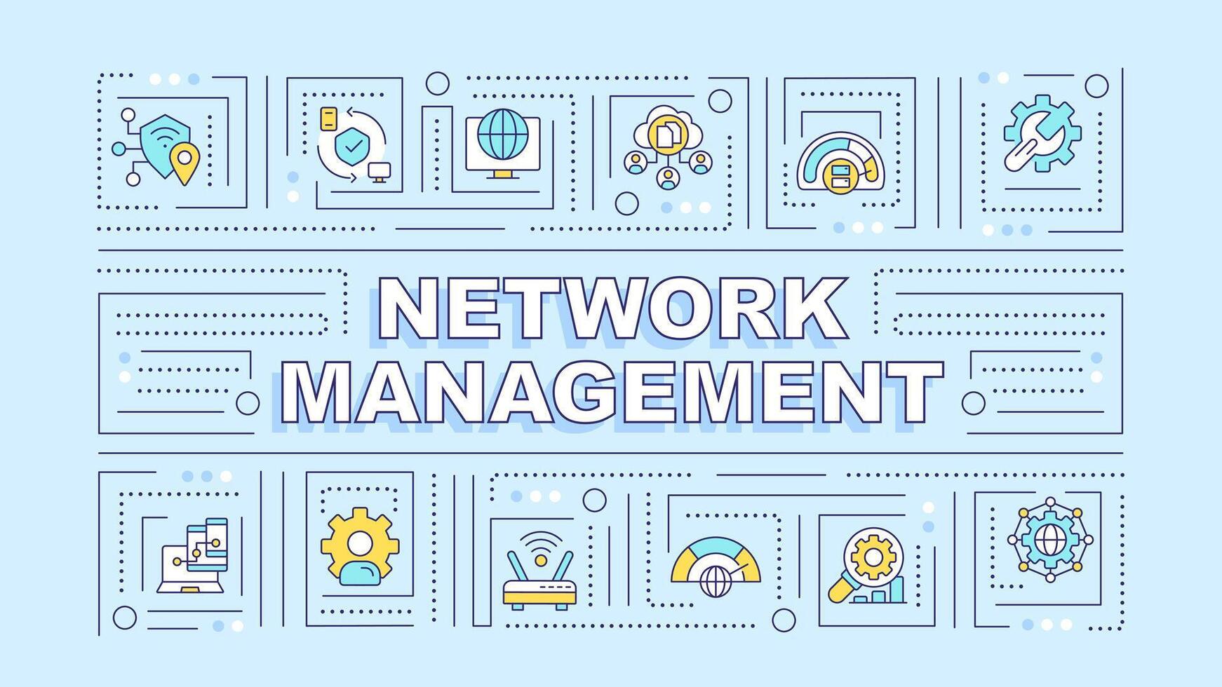 Network management turquoise word concept. Infrastructure administration. Typography banner. Flat design. Vector illustration with title text, editable line icons. Ready to use