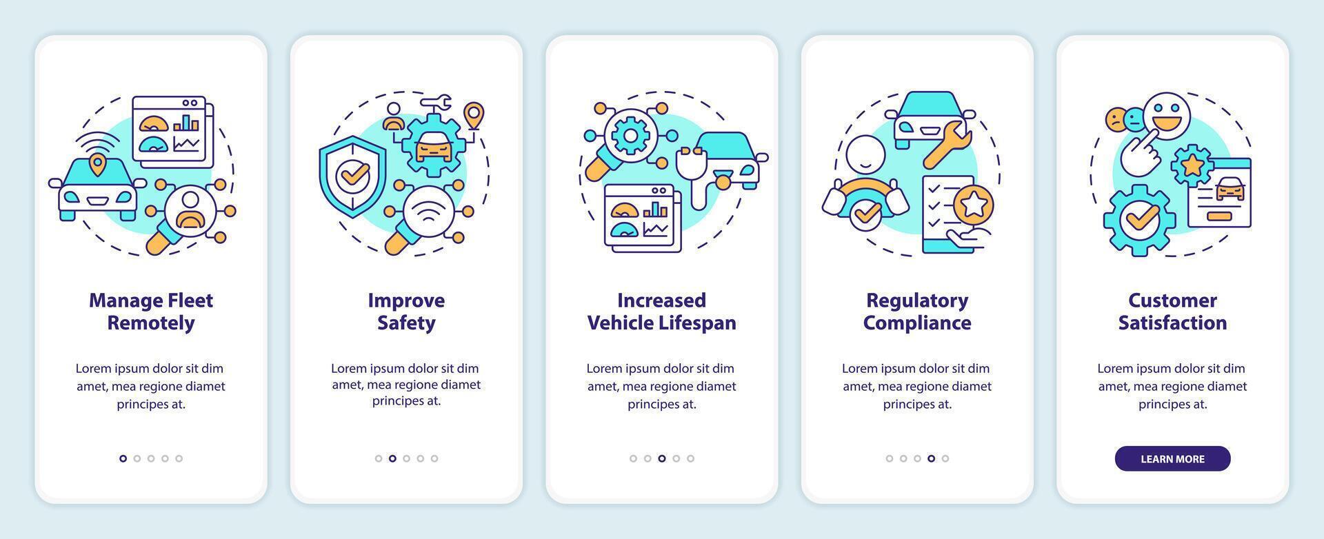 Transportation services reliability onboarding mobile app screen. Walkthrough 5 steps editable graphic instructions with linear concepts. UI, UX, GUI template vector