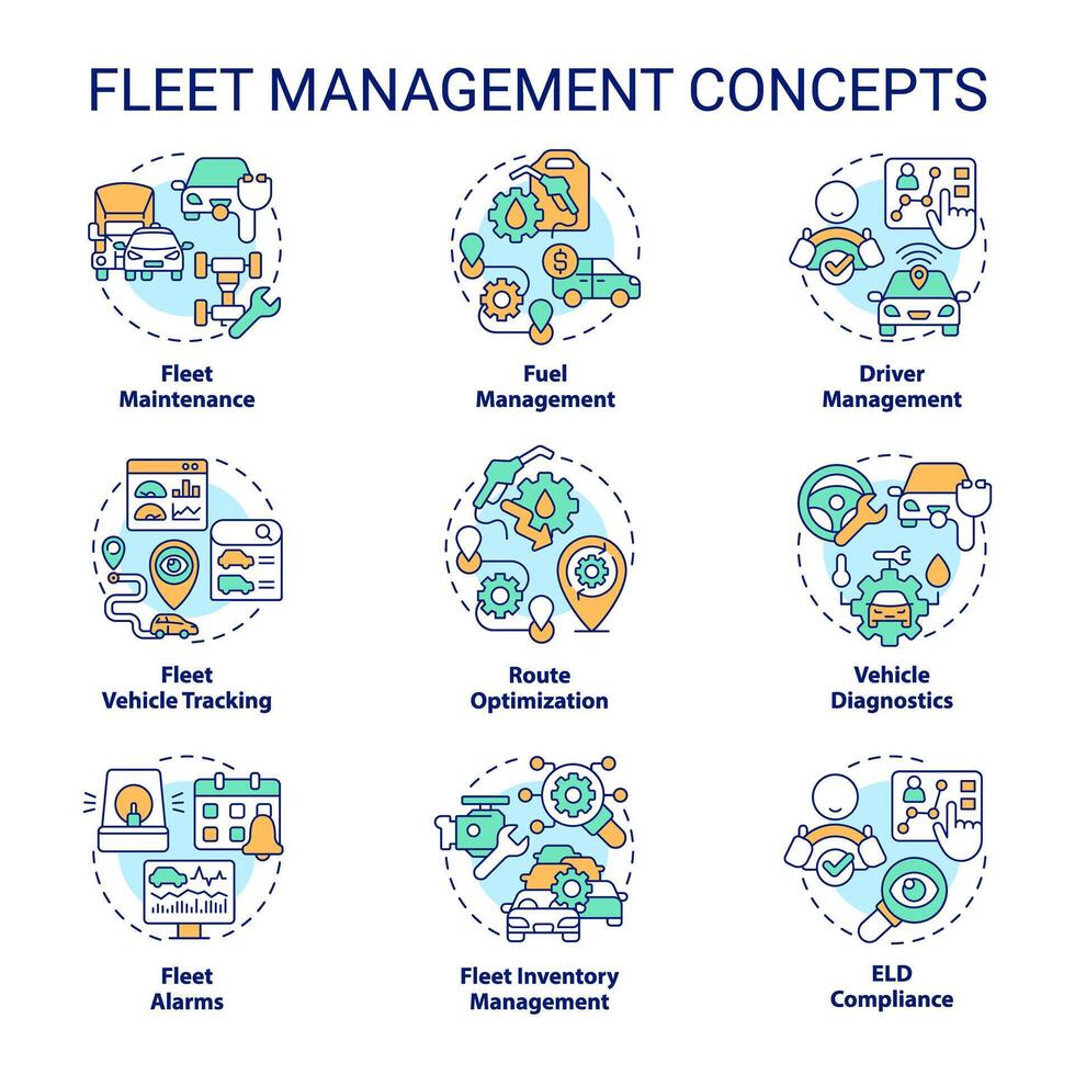 flota administración multi color concepto iconos vehículo mantenimiento. eficiencia supervisión, inventario control. Operacional costo reducir. icono embalar. vector imágenes redondo forma ilustraciones. resumen idea