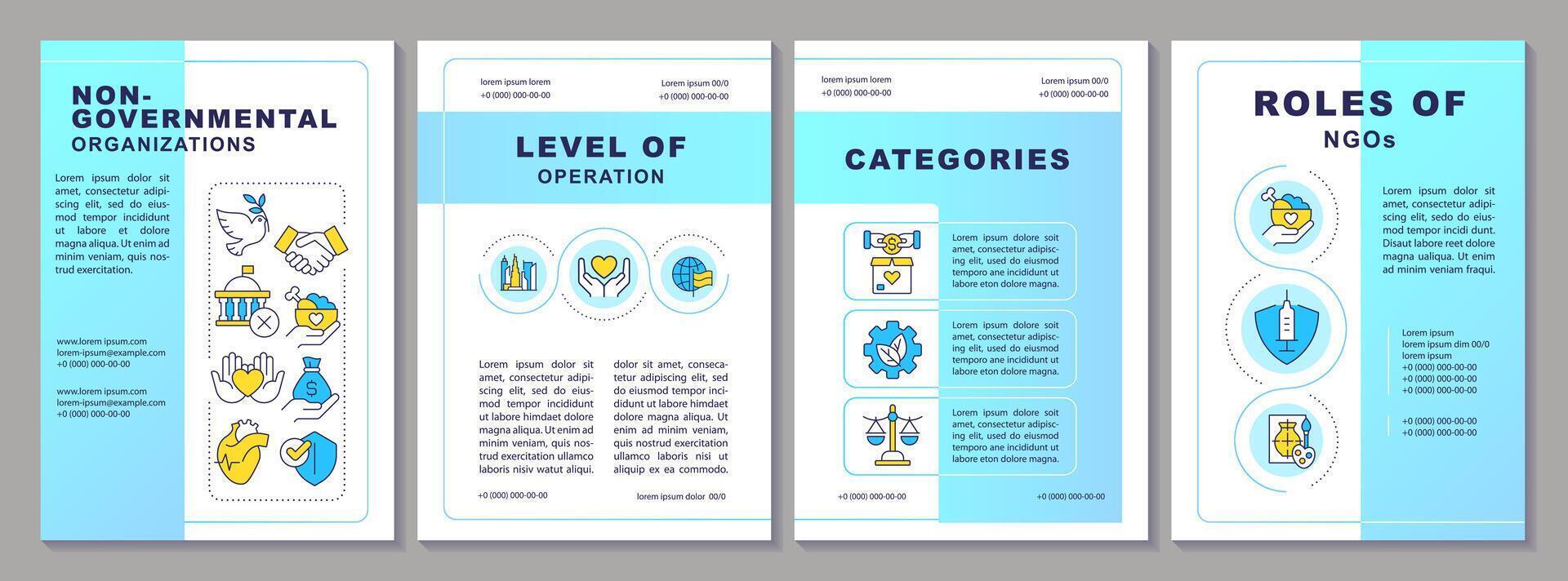 Non governmental organizations blue gradient brochure template. Leaflet design with linear icons. Editable 4 vector layouts for presentation, annual reports