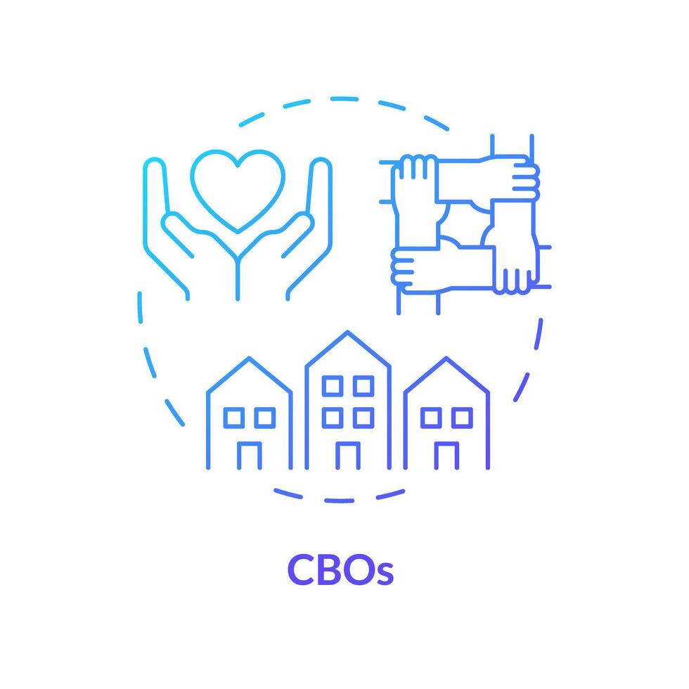 CBOs blue gradient concept icon. Community based organization. Local unity. Neighbourhood. Civic engagement. Round shape line illustration. Abstract idea. Graphic design. Easy to use in article vector