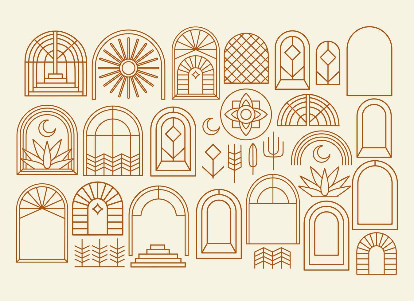 Bohemian linear icons, symbol, frame, arches. Set of boho contour icon, border in minimal style. For logo design, social media stories, advertising, cosmetics packaging, postcard. Vector illustration.