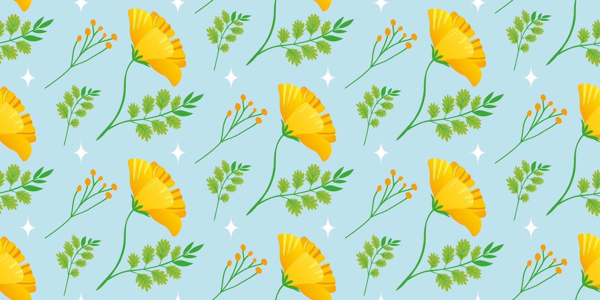 amarillo primavera flores en un azul antecedentes. floral modelo con dorado California amapola. el alegre floral diseño para fondo, digital papel, fondo de pantalla, tela. vector sin costura modelo.