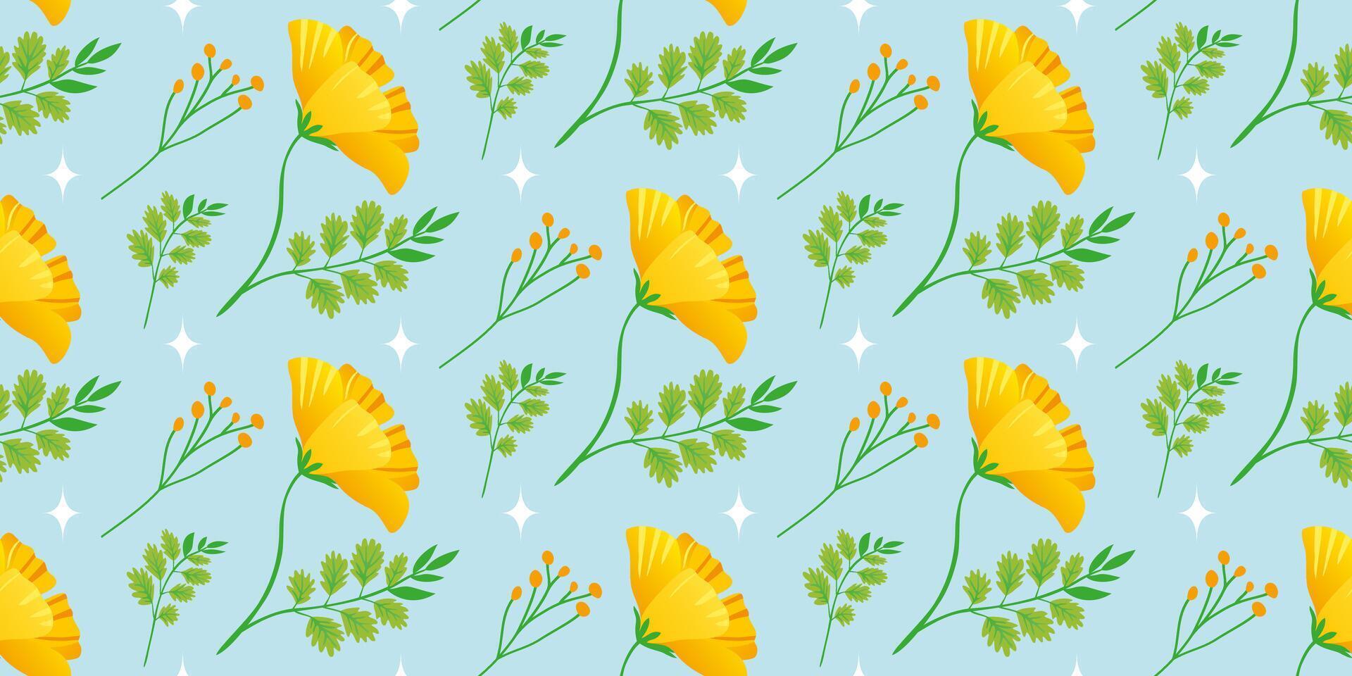 Yellow spring flowers on a blue background. Floral template with golden California poppy. The cheerful floral design for background, digital paper, wallpaper, fabric. Vector Seamless pattern.