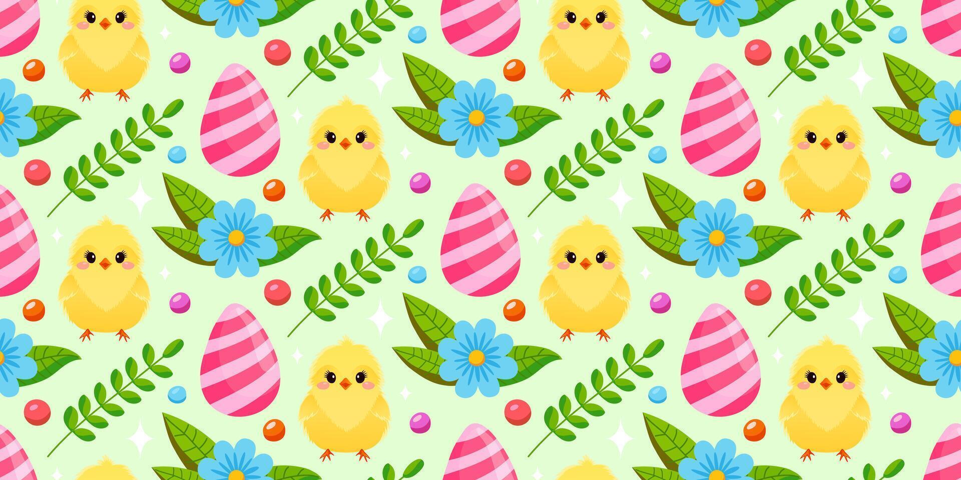 Cute floral Easter pattern with yellow chickens and colored eggs. The cheerful Easter design for background, digital paper, wallpaper, fabric. Seamless pattern. Vector illustration.