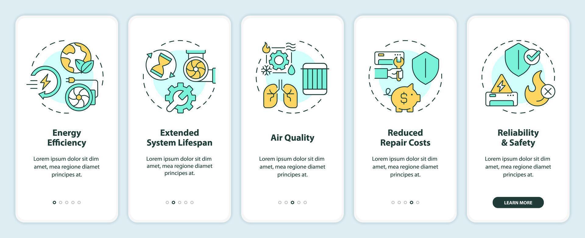 Benefits of HVAC maintenance onboarding mobile app screen. Walkthrough 5 steps editable graphic instructions with linear concepts. UI, UX, GUI template vector