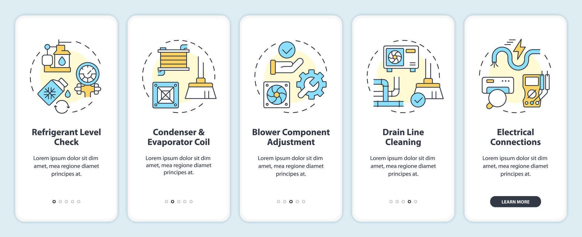 Air conditioning inspection onboarding mobile app screen. Walkthrough 5 steps editable graphic instructions with linear concepts. UI, UX, GUI template vector