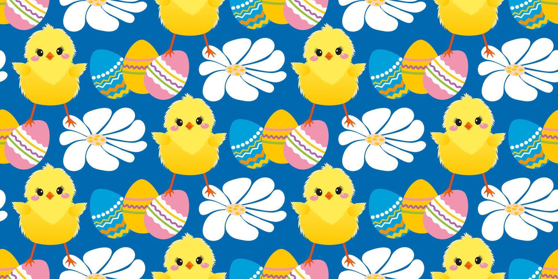 Cute spring pattern with Easter eggs, flowers, chickens. The cheerful Easter design for background, digital paper, wallpaper, fabric. Seamless pattern. Vector illustration.