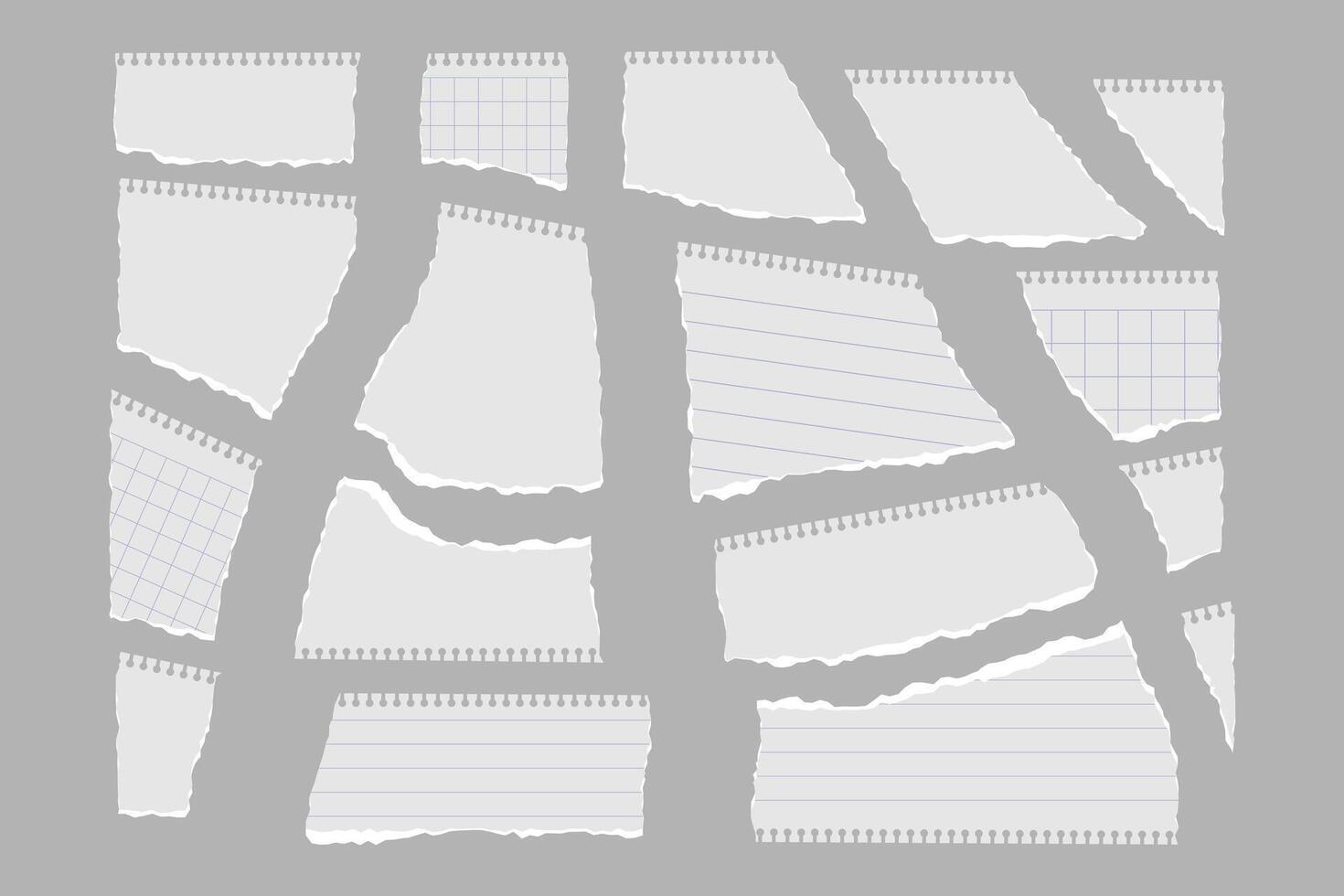 piezas de Rasgado Nota papel en gris antecedentes. un conjunto de diferente resumen antecedentes con áspero Rasgado bordes y dentado formas para collage, texto caja, titular, marco. vector ilustración.