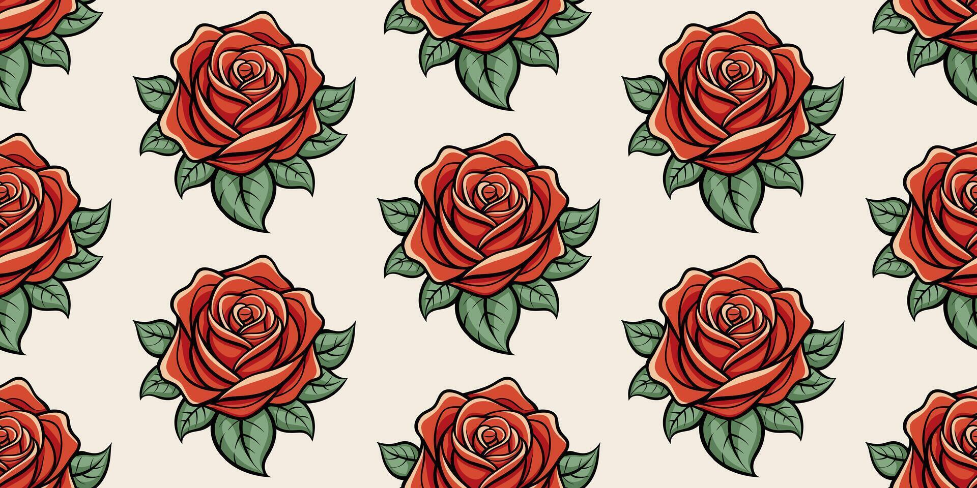 Elegant seamless pattern of stylized red roses with green leaves on a beige background. Seamless hand drawn rose pattern background. For textile, wallpaper, and crafting projects. Vector illustration.