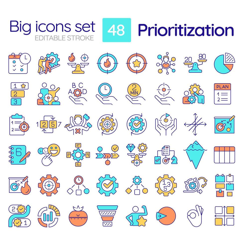 Prioritization RGB color icons set. Time management. Task organization. Pareto principle, process optimization. Isolated vector illustrations. Simple filled line drawings collection. Editable stroke