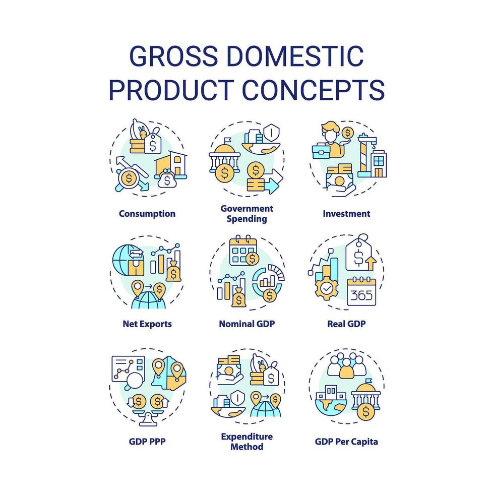 bruto Doméstico producto multi color concepto iconos nacional económico. gobierno gasto. bienes y servicios. icono embalar. vector imágenes redondo forma ilustraciones para folleto, folleto. resumen idea