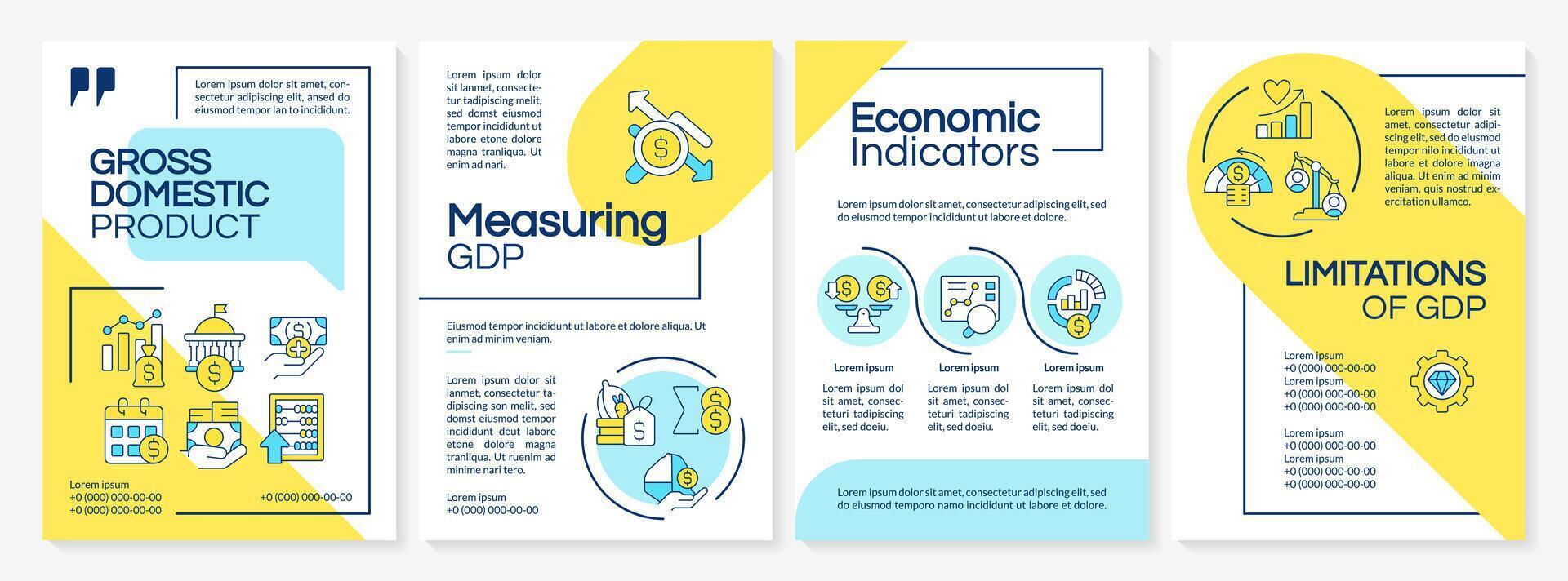 Economic growth measurement blue and yellow brochure template. Leaflet design with linear icons. Editable 4 vector layouts for presentation, annual reports