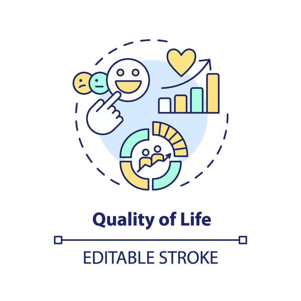 Quality of life multi color concept icon. Demography statistics. Geopolitical happiness metrics. Round shape line illustration. Abstract idea. Graphic design. Easy to use in brochure, booklet vector