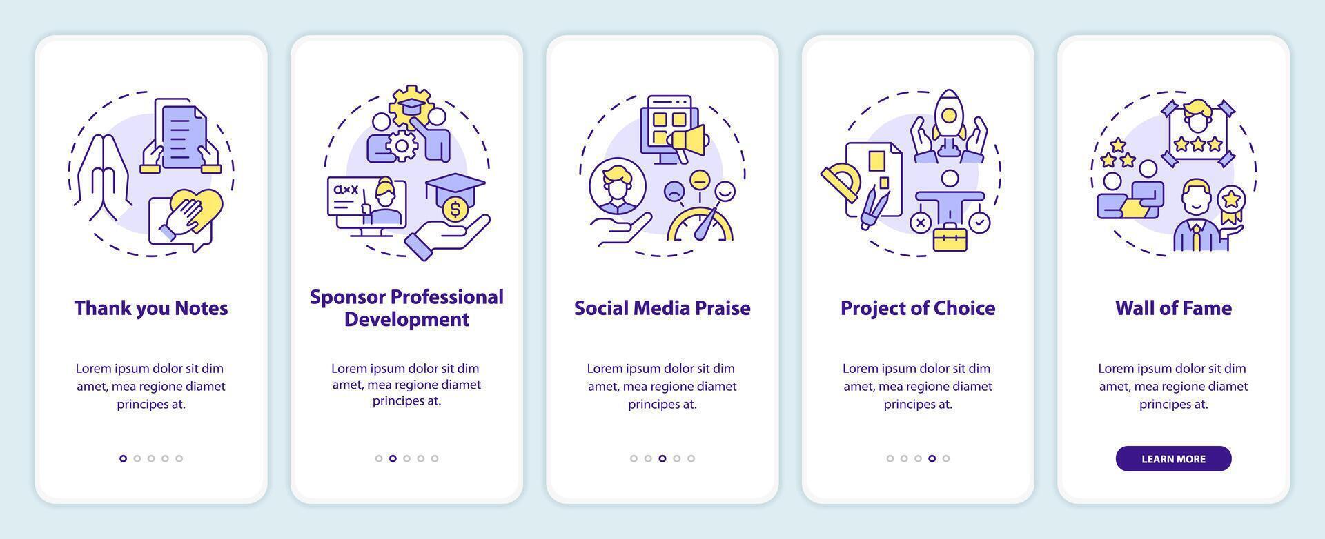 Employee acknowledgement onboarding mobile app screen. Walkthrough 5 steps editable graphic instructions with linear concepts. UI, UX, GUI template vector