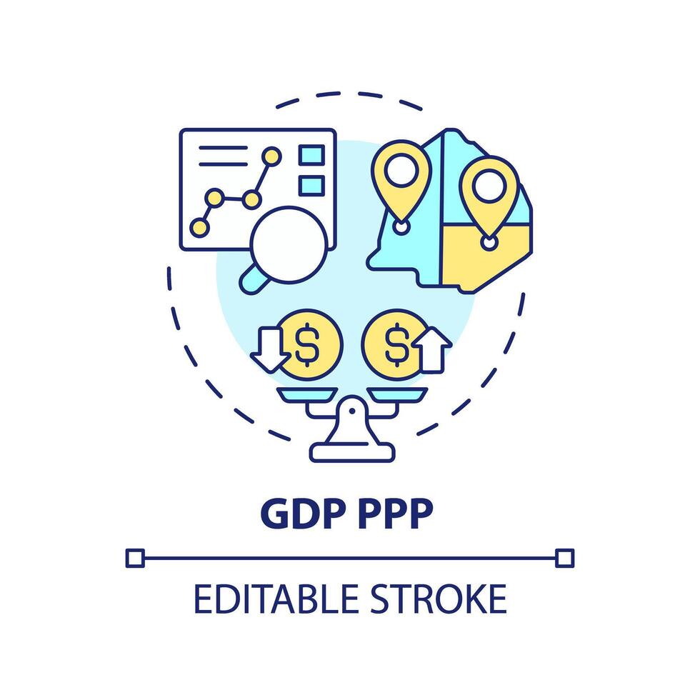Gdp ppp multi color concept icon. Purchasing power parity. Wages and salaries, social economics. Round shape line illustration. Abstract idea. Graphic design. Easy to use in brochure, booklet vector