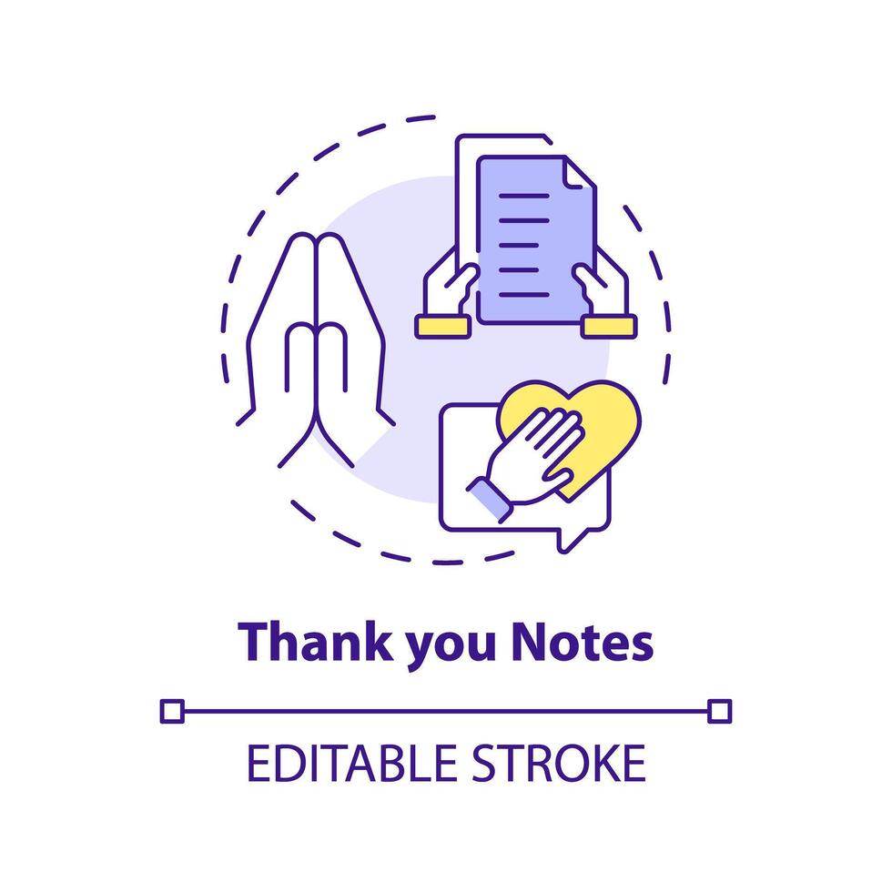 Thank you notes multi color concept icon. Employee recognition. Handwritten message for coworker. Express gratitude. Round shape line illustration. Abstract idea. Graphic design. Easy to use vector