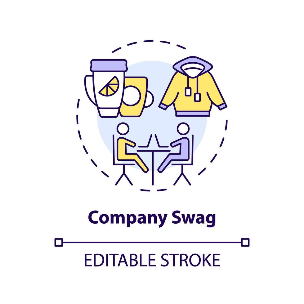 Company swag multi color concept icon. Office branded merchandise. Gifts for team members. Employee recognition. Round shape line illustration. Abstract idea. Graphic design. Easy to use vector